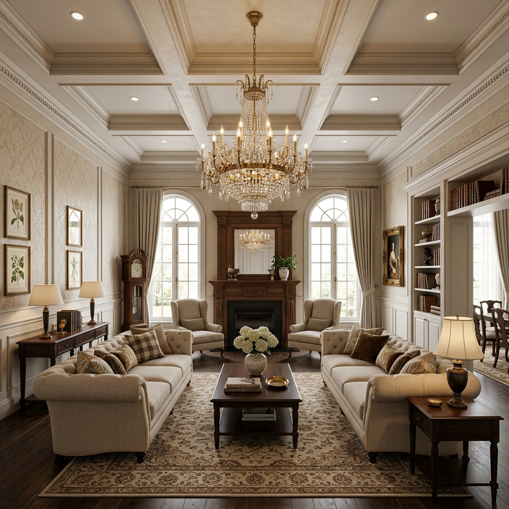 Traditional Living Room with Statement Chandelier