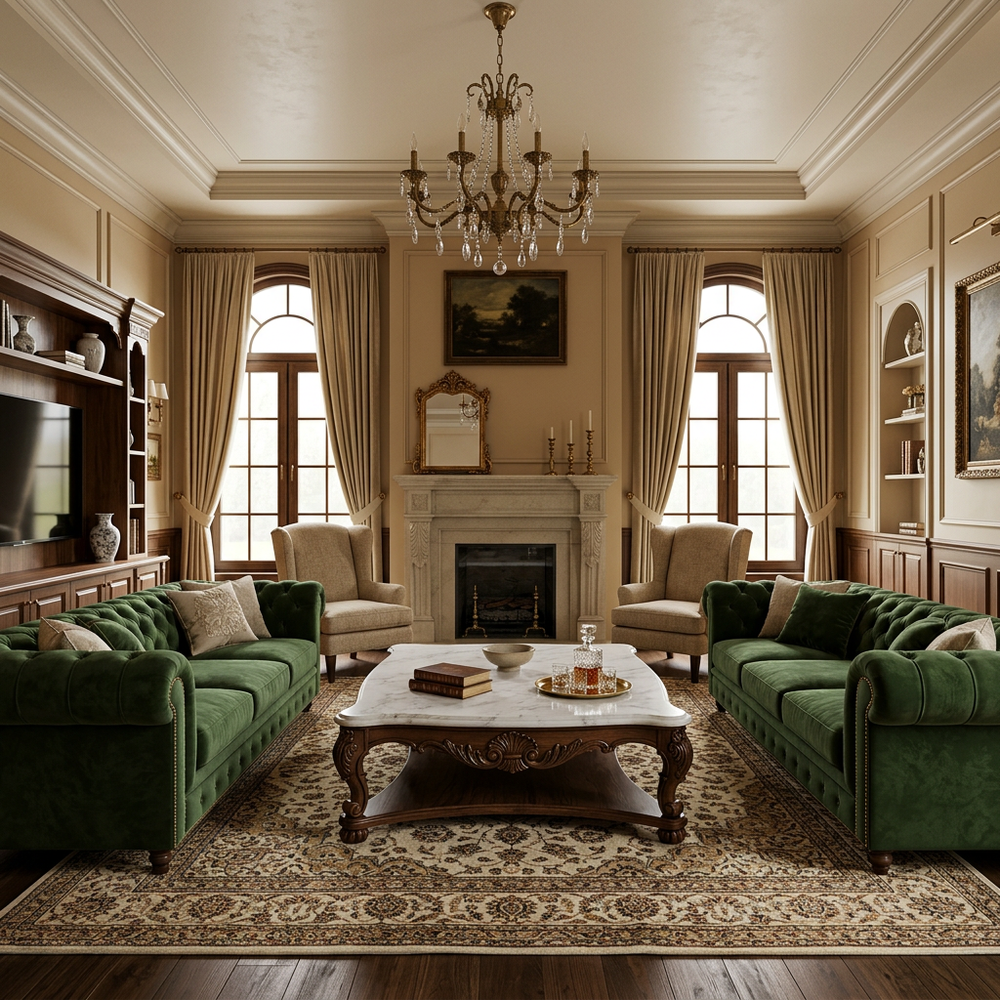 Traditional Living Room with Velvet Sofas and Marble Coffee Table