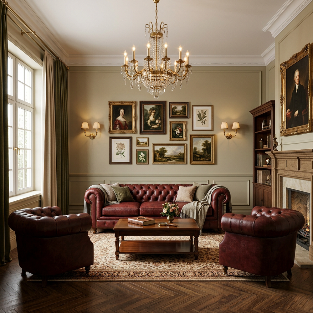 Traditional Living Room with Wall Art and Chesterfield Sofa