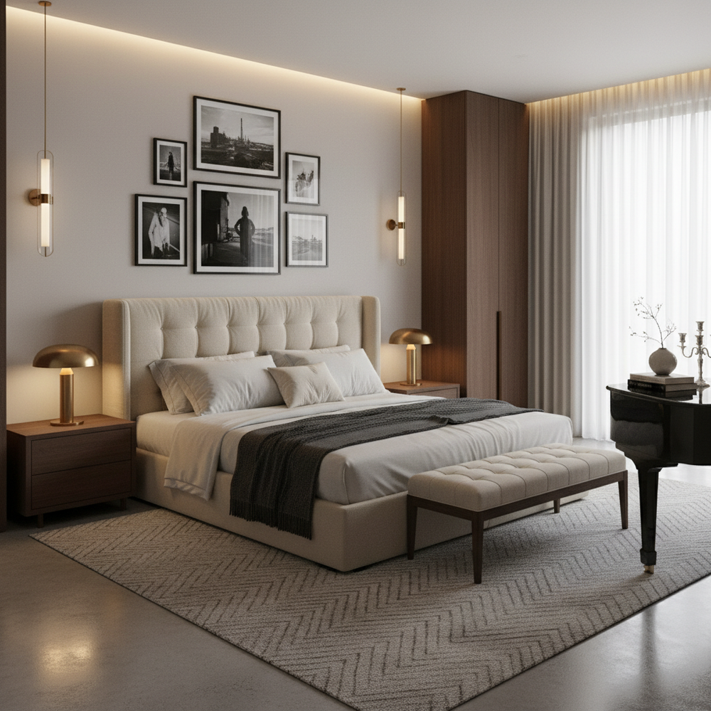 Contemporary Upholstered King Size Master Bedroom with Piano Table