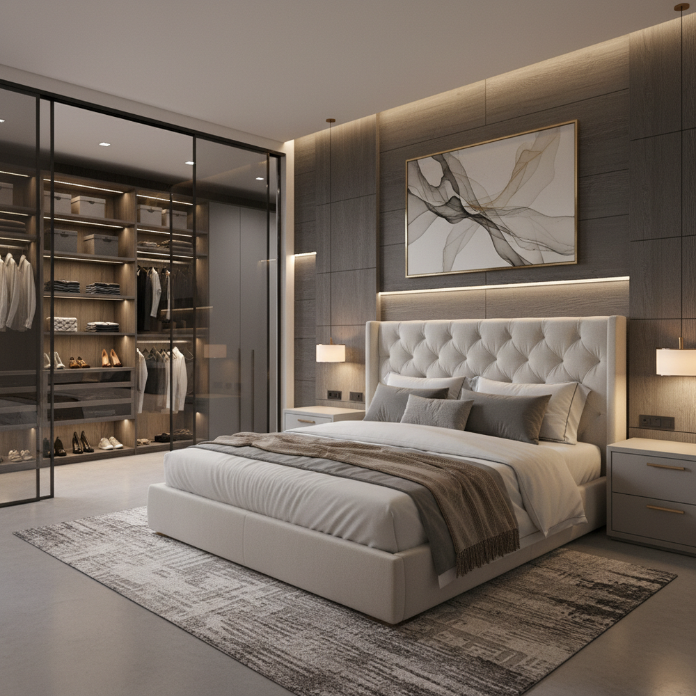 Contemporary Upholstered King Size Master Bedroom with Walk-in Wardrobe