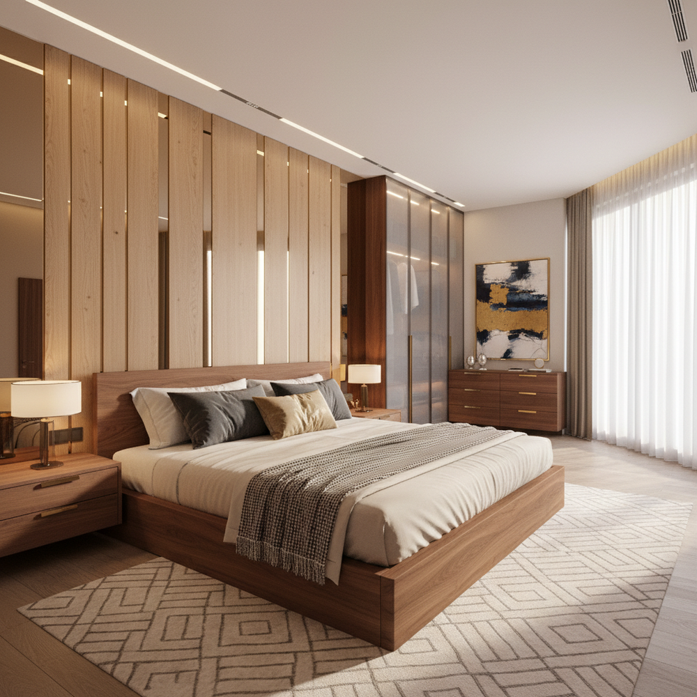 Contemporary Wooden King Size Master Bedroom with Gold Panelling