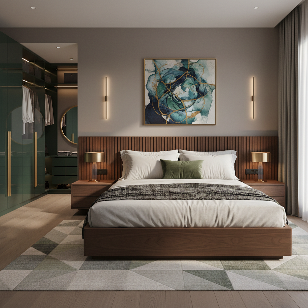 Contemporary Wooden King Size Master Bedroom with Walk-in Wardrobe