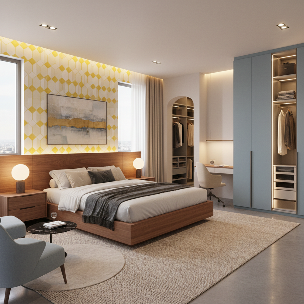 Contemporary Wooden King Size Master Bedroom with Walk-in Wardrobe