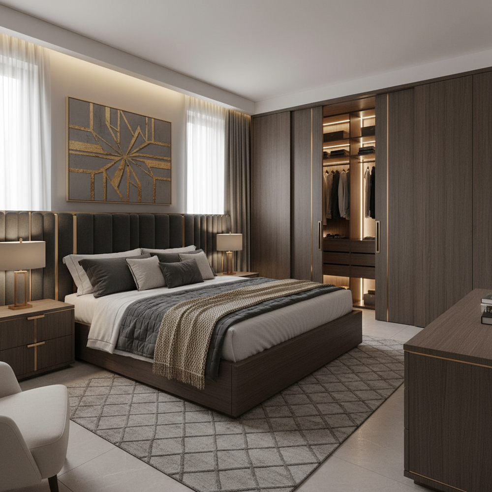 Contemporary Wooden King Size Master Bedroom with Walk-in Wardrobe