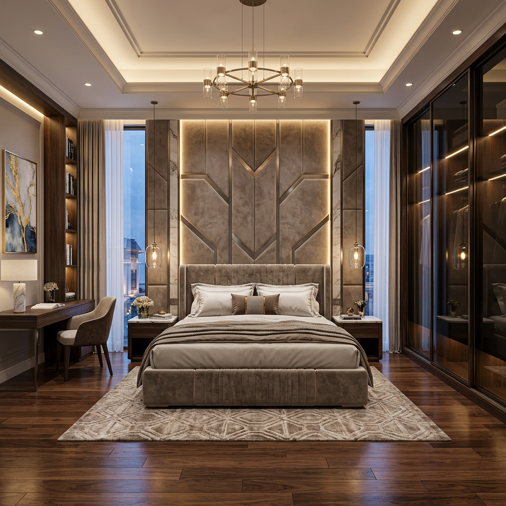 Luxury Upholstered Bed Master Bedroom with Sliding Wardrobe