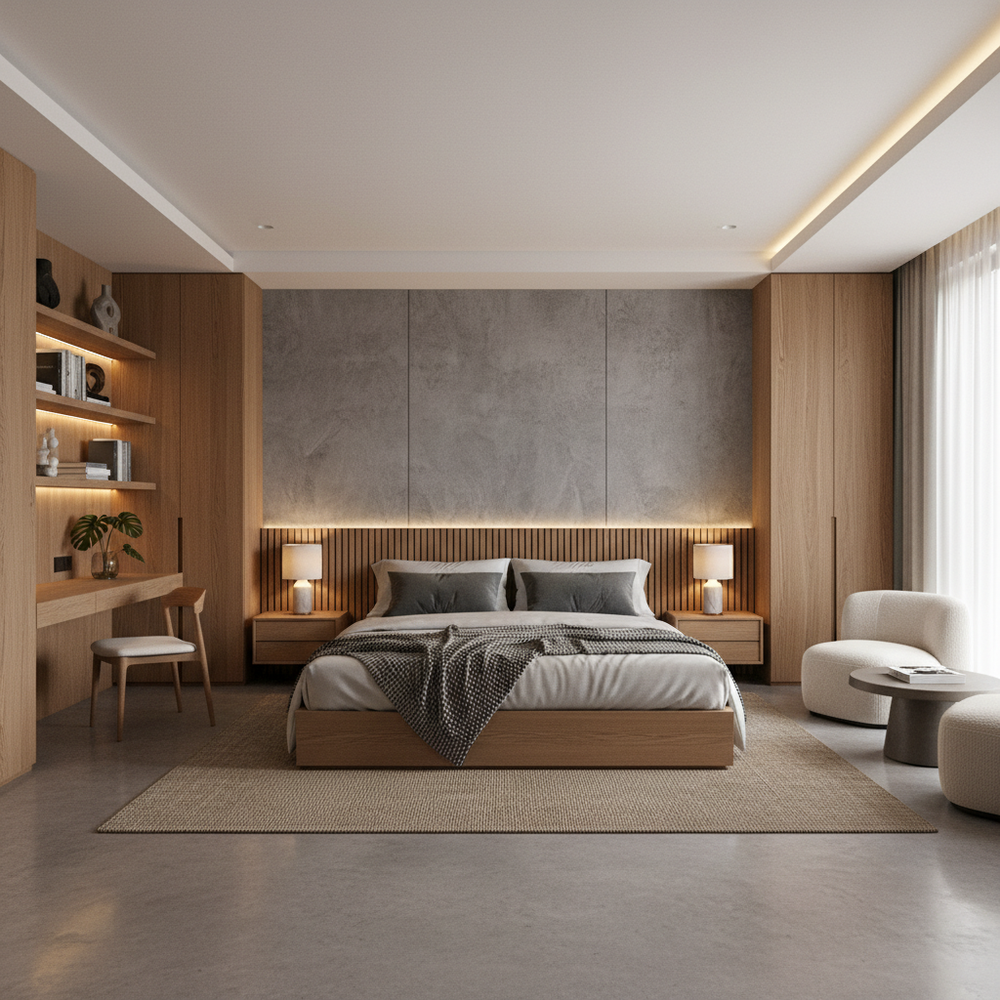 Minimalist Wooden King Size Master Bedroom with Study Desk