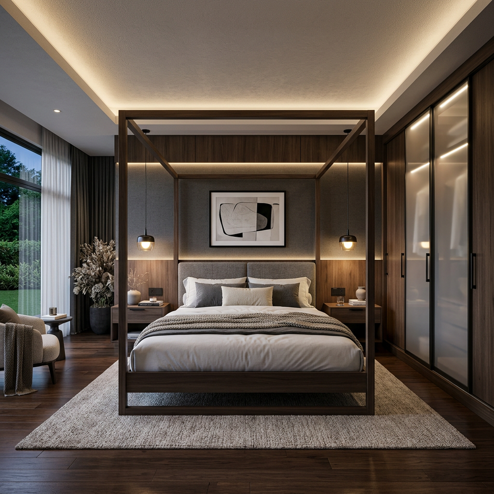 Modern Canopy Bed Master Bedroom with Sliding Wardrobe