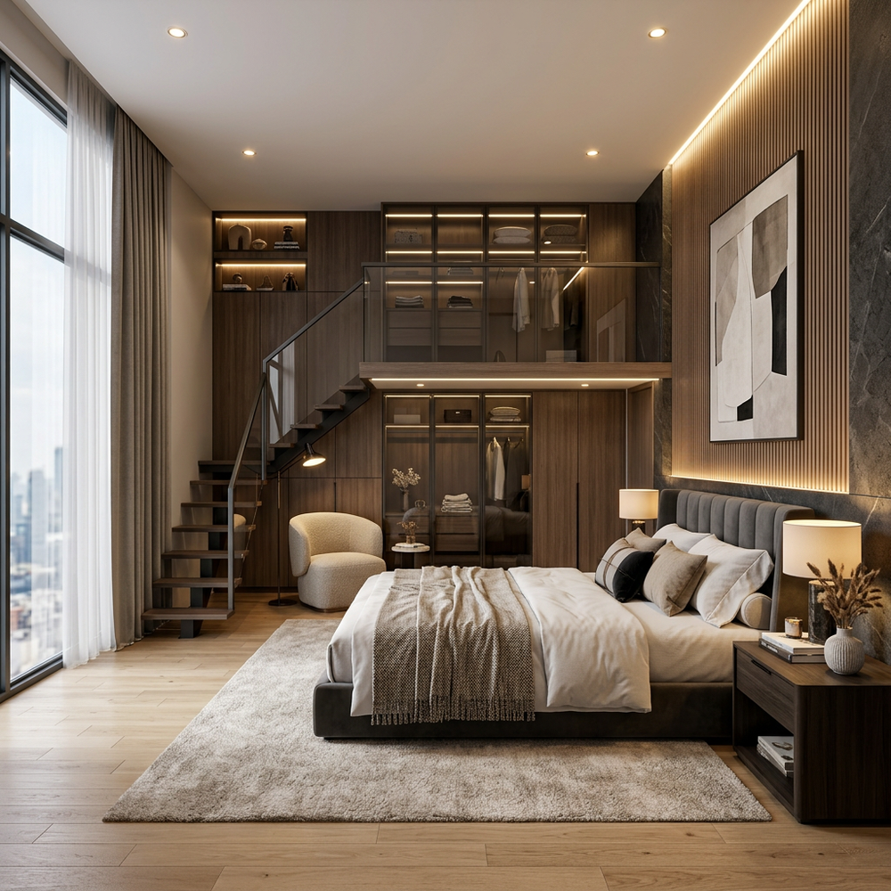 Modern Master Bedroom Design With King Size Bed and Sliding Wardrobe