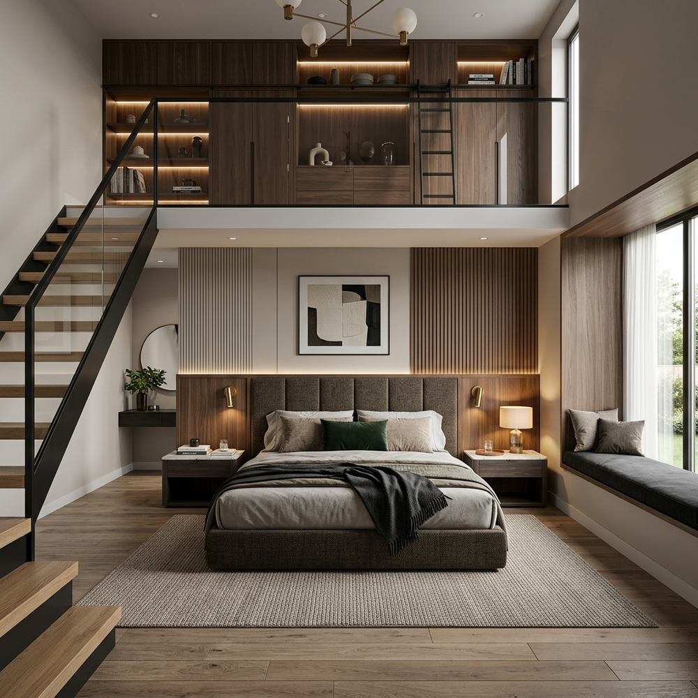 Modern King Size Master Bedroom With Swing-Shutter Wardrobe and Loft Storage