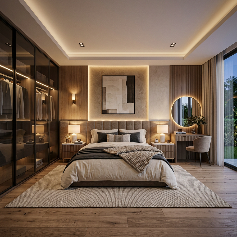 Modern King Size Master Bedroom With Textured Headboard Wall and Ambient Lighting