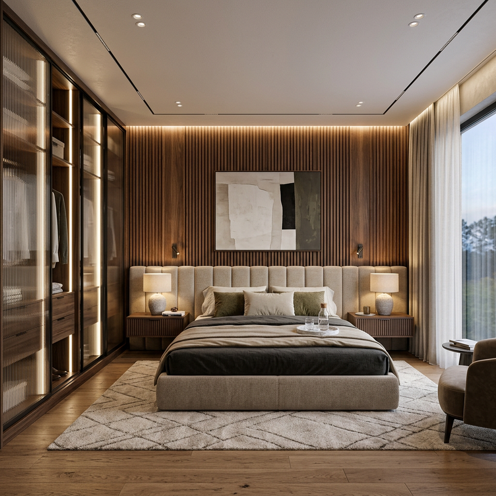 Modern Master Bedroom Design With Extended Headboard and Sliding Wardrobe