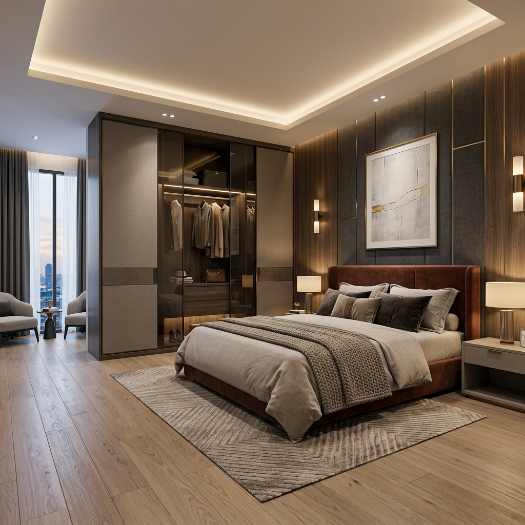 Modern Master Bedroom Design With Fluted Panels and Sliding Wardrobe