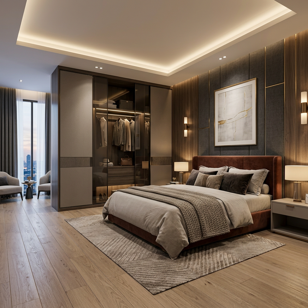 Modern Master Bedroom Design With Fluted Panels and Sliding Wardrobe