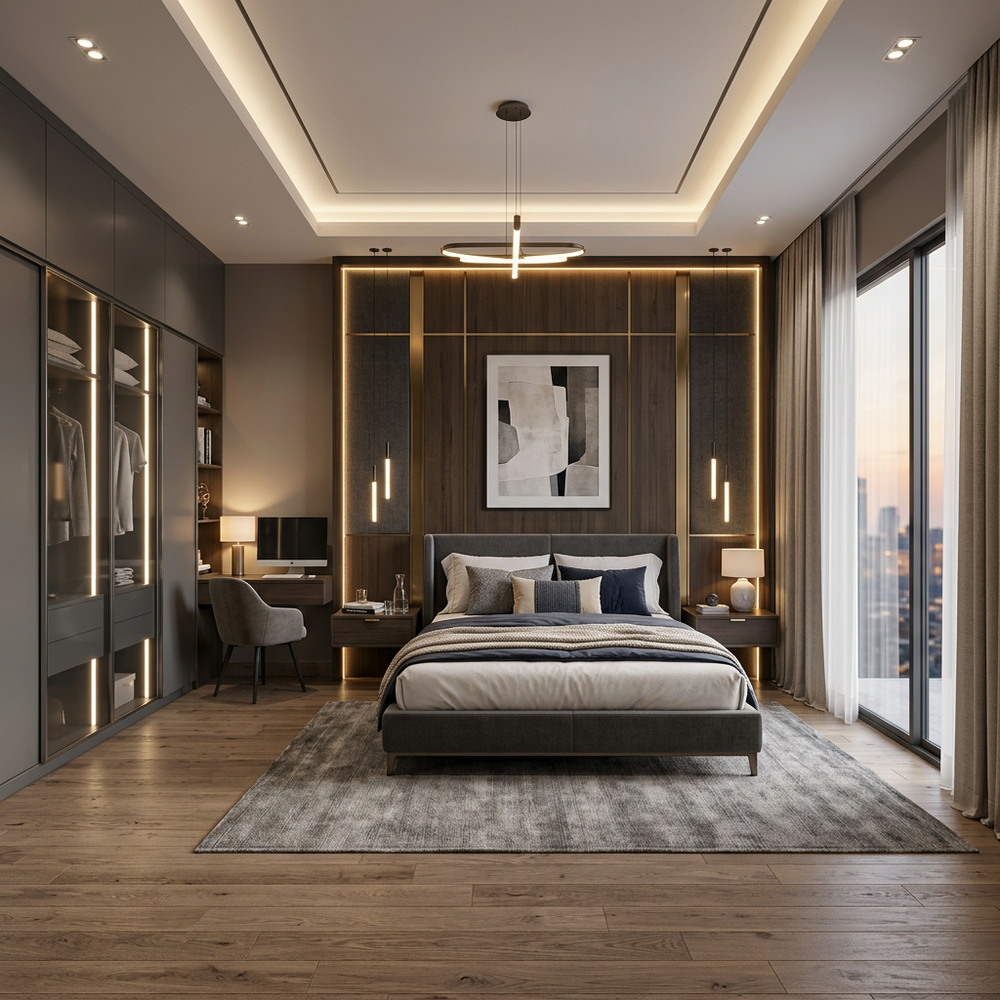 Modern Master Bedroom With King Size Bed and Dedicated Workspace