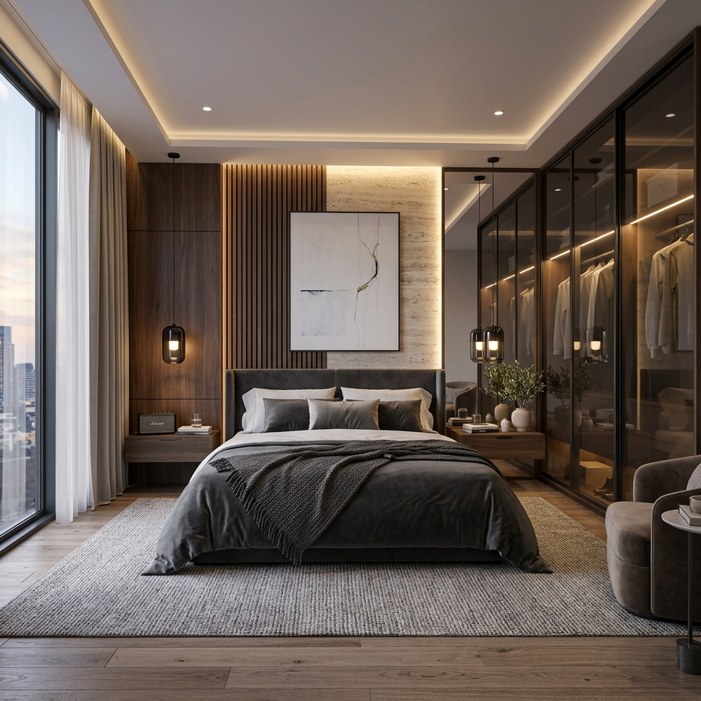 Contemporary Master Bedroom With 3-Door Sliding Wardrobe and Marble Feature Wall