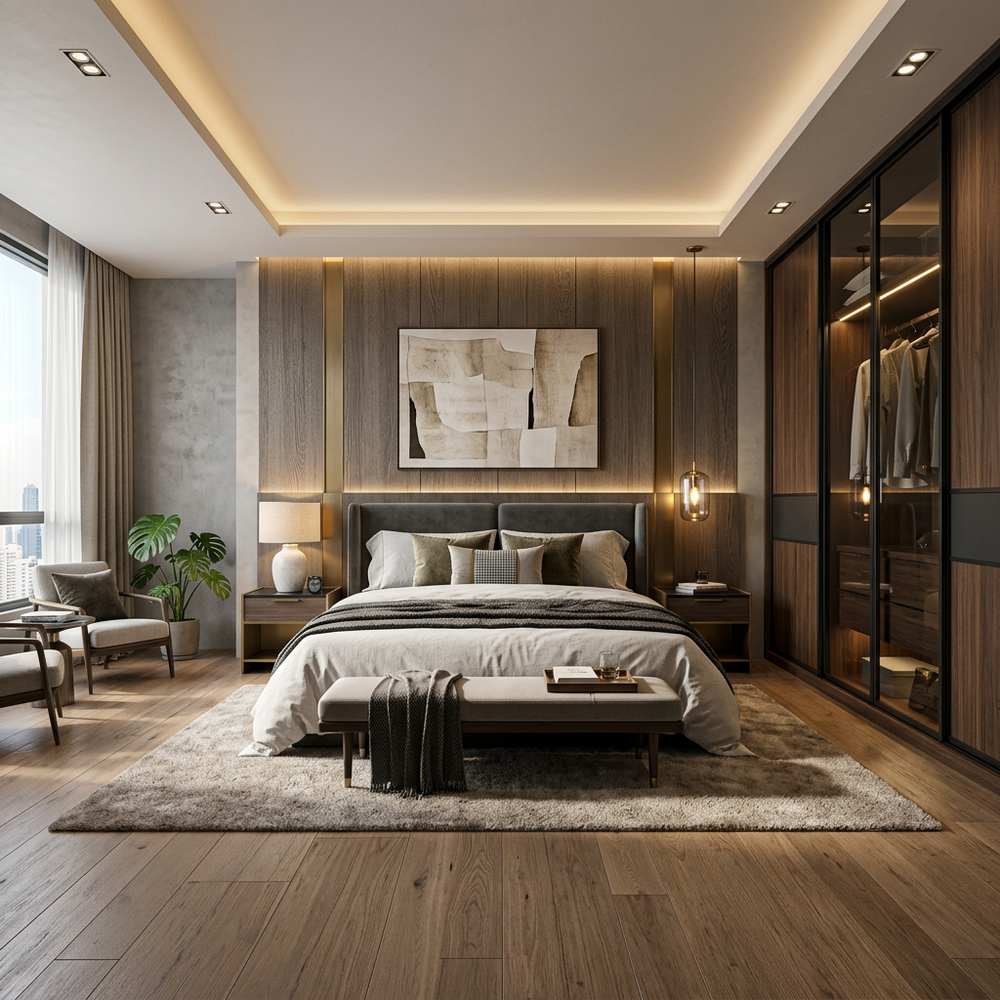 Modern Master Bedroom Design With Golden Mirrors and Sliding Wardrobe