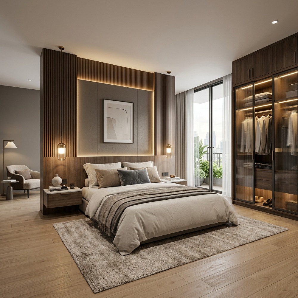 Elegant Modern Master Bedroom With Sliding Wardrobe and Cozy Lighting