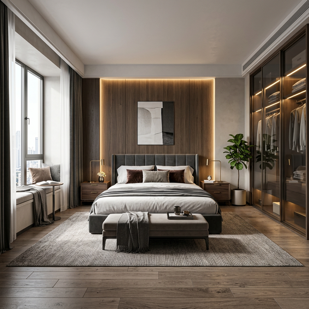 Contemporary King Size Master Bedroom With Built-In Window Storage