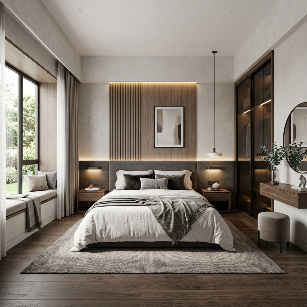Modern Master Bedroom With King Size Bed, Sliding Wardrobe, and Window Bench