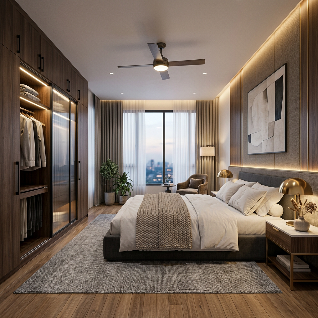 Modern Master Bedroom With Sliding Wardrobe and King-Size Bed