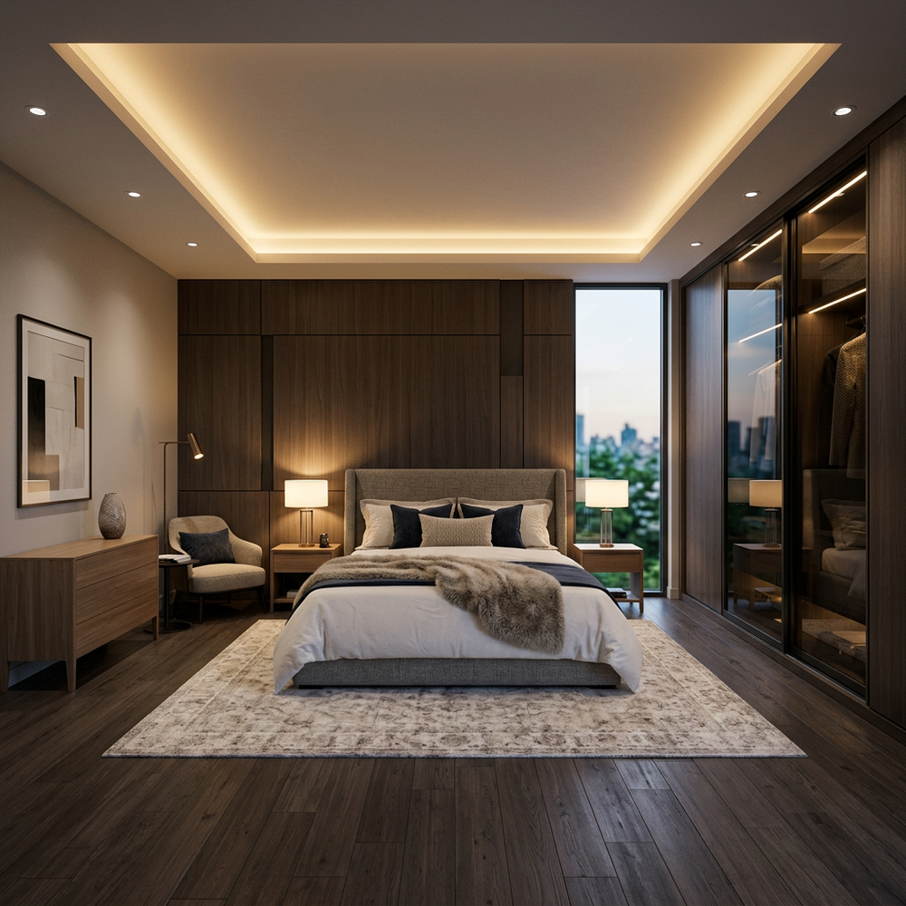 Modern King Size Master Bedroom With Sliding Wardrobe and Floral Accent Wall