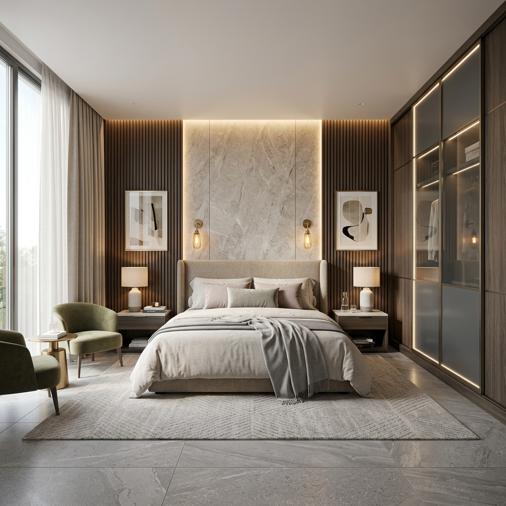 Modern Master Bedroom Design With Grey Tufted King-Size Bed