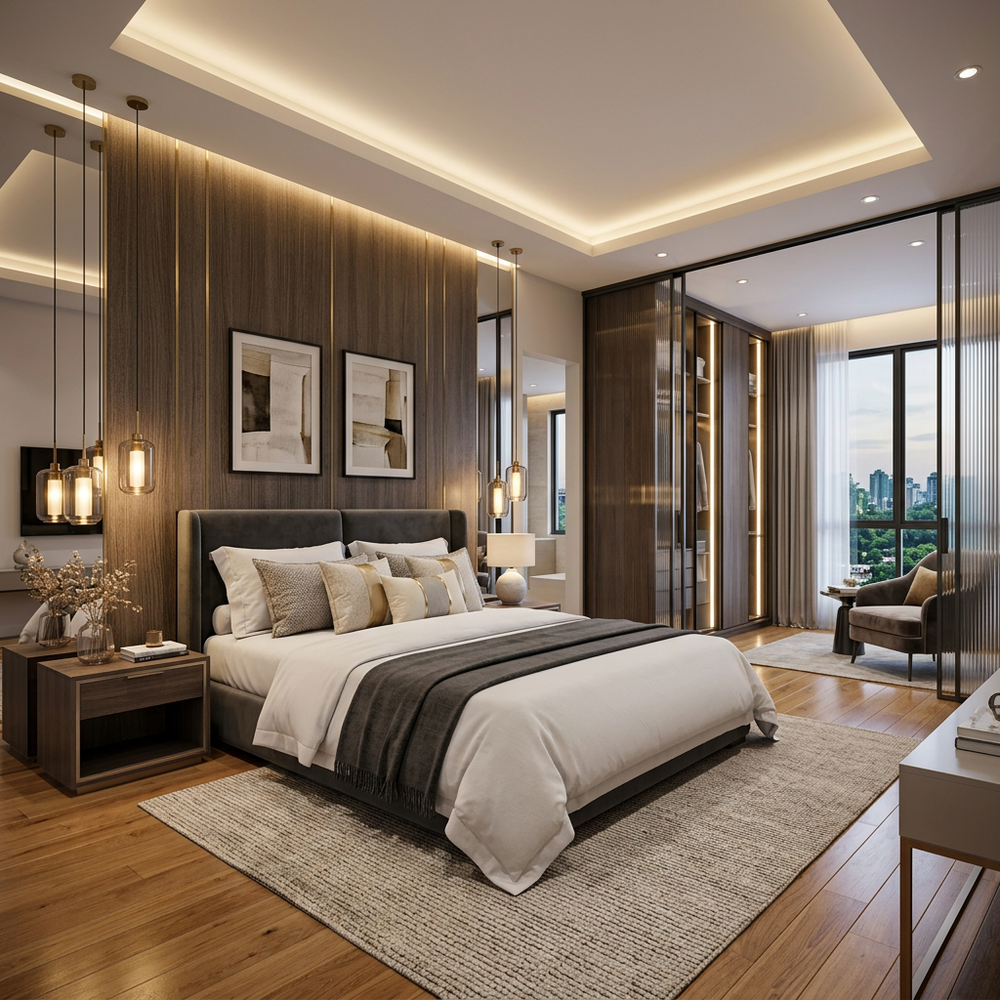 Modern King Size Master Bedroom With Sliding Wardrobe and Textured Headboard