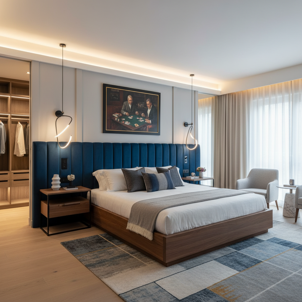 Modern Master Bedroom Design With King Bed and Blue Tufted Headboard