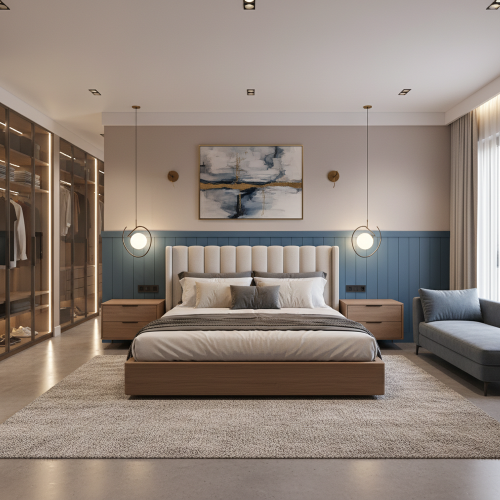 Modern Master Bedroom Design With King Bed and Blue Wall Paneling