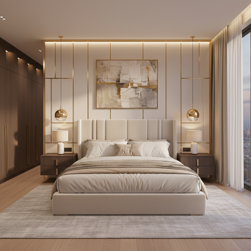 Modern Master Bedroom Design with King Bed and Cream Wall Panels