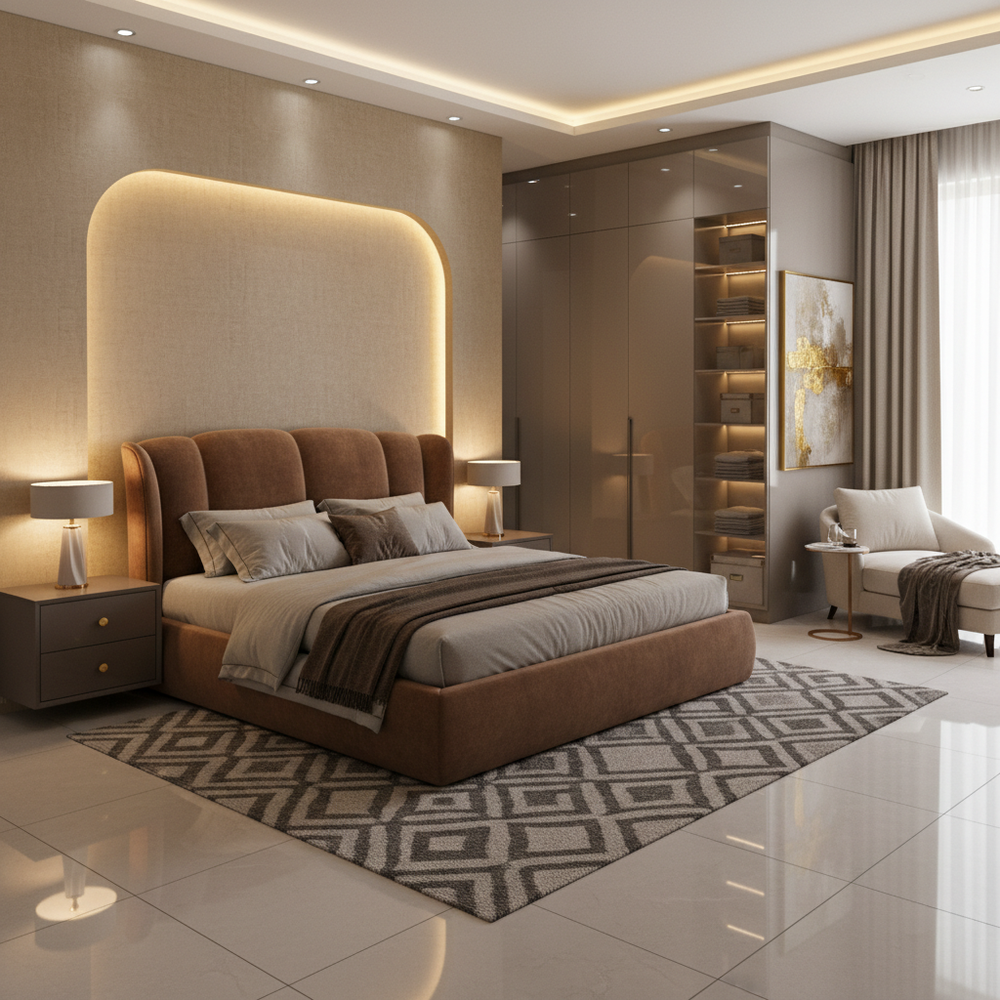 Modern Master Bedroom Design with King Bed and Glossy Floor-to-Ceiling Wardrobe