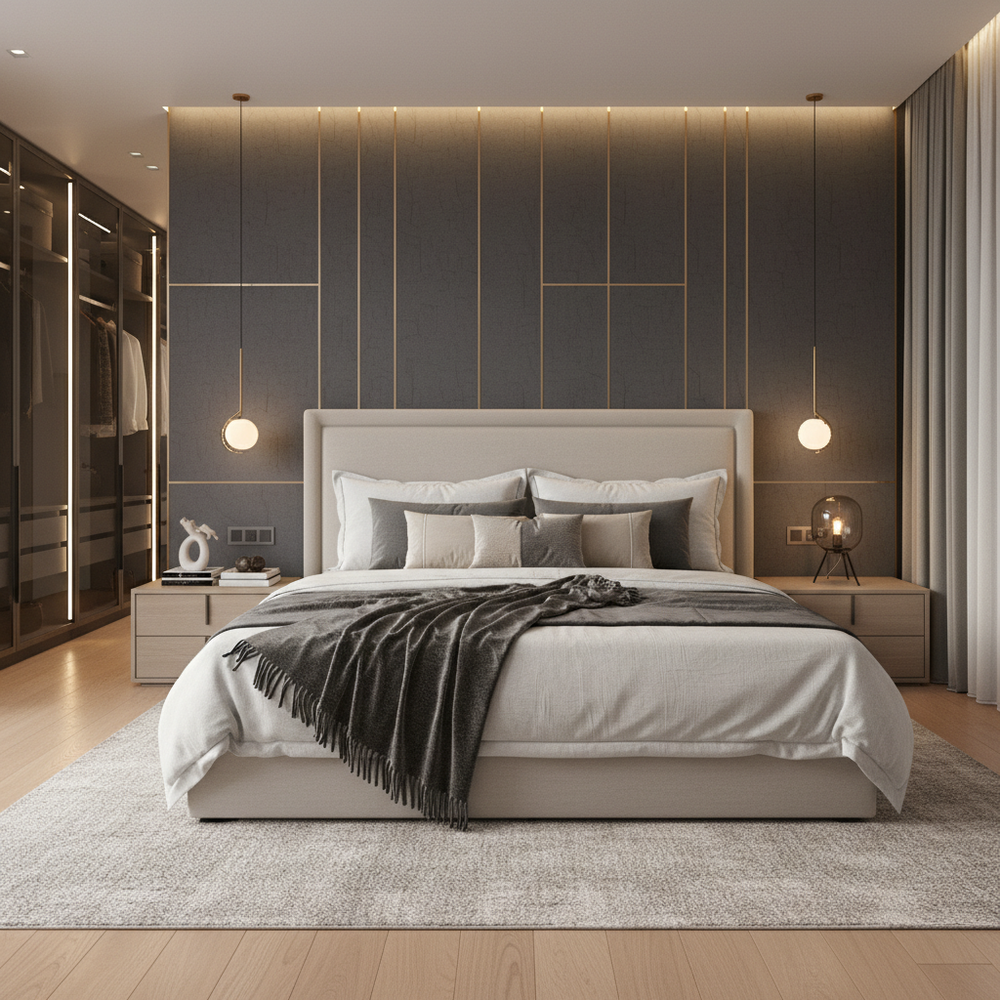 Modern Master Bedroom Design With King Bed and Grey Textured Wallpaper