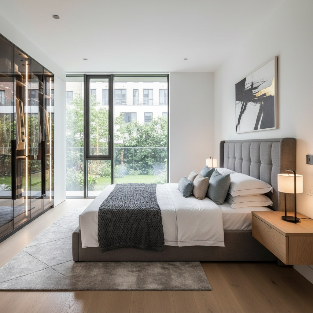 Modern Master Bedroom Design with King Bed and Large Window