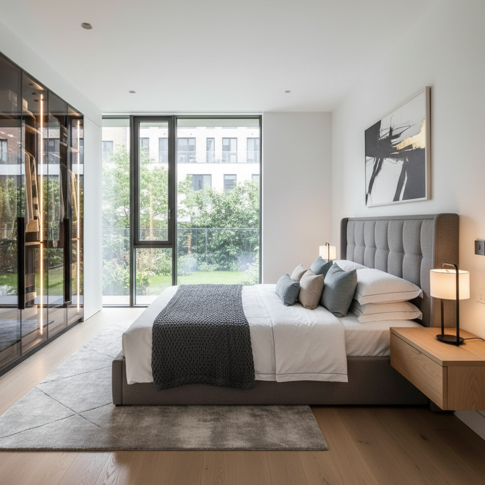 Modern Master Bedroom Design with King Bed and Large Window