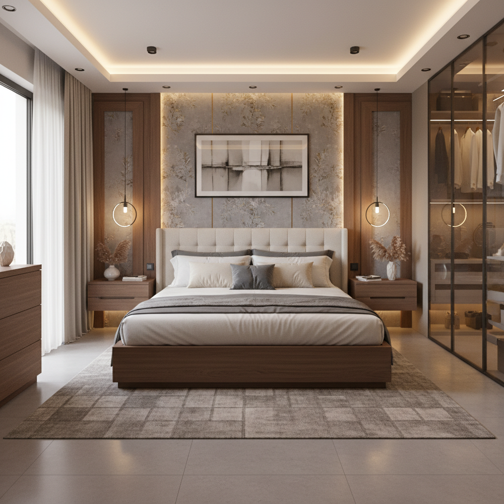 Modern Master Bedroom Design With King Bed and Trimmed Wallpaper