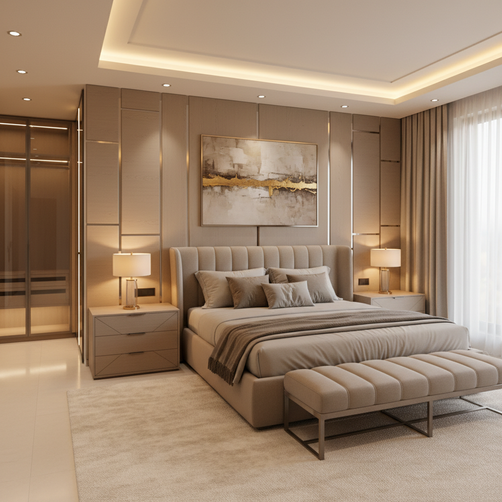 Modern Master Bedroom Design with King Bed and Upholstered Bench