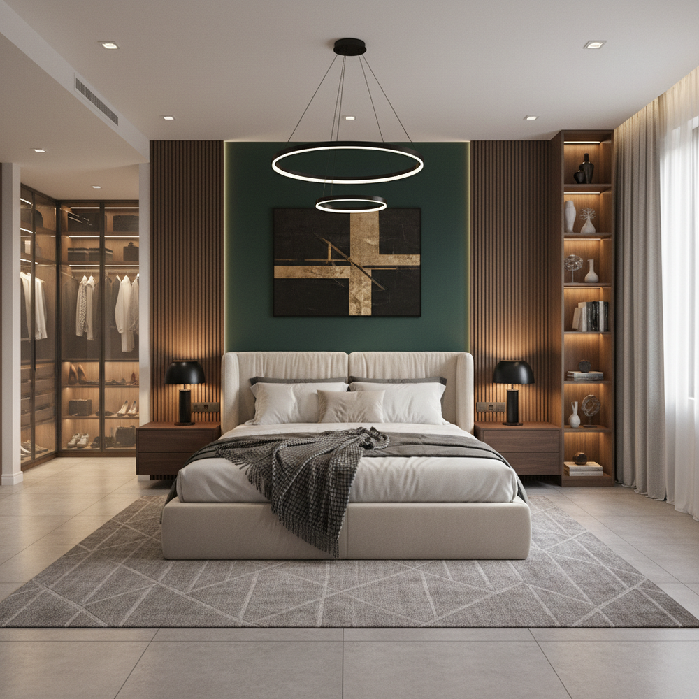 Modern Master Bedroom Design with King Bed and Walk In Wardrobe