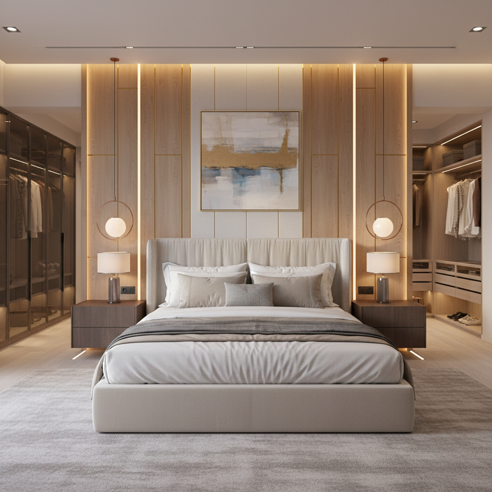 Modern Master Bedroom Design With King Bed and Wall Paneling