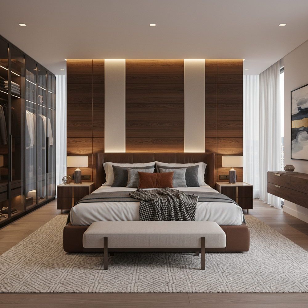 Modern Master Bedroom Design with King Bed and Wood Panel Wall