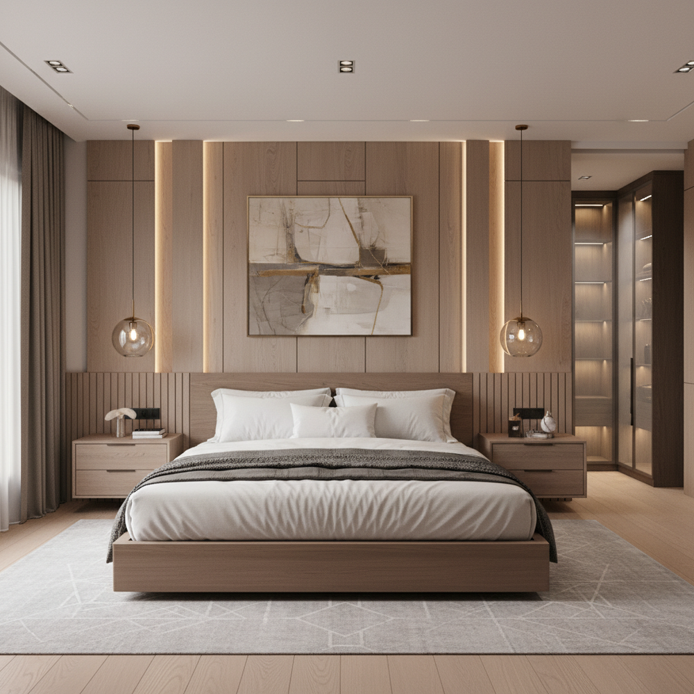 Modern Master Bedroom Design with King Bed and Wooden Panels