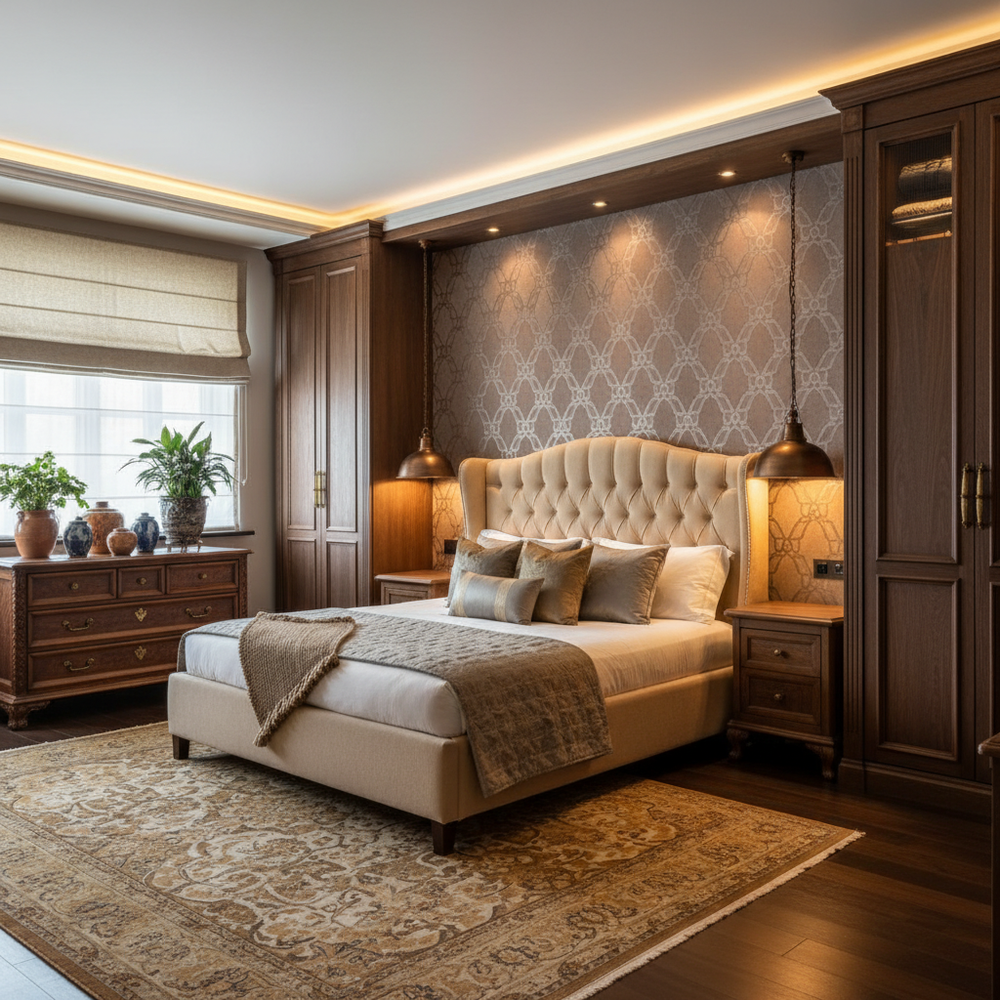 Modern Master Bedroom Design with King Bed, Floating Vanity and Built-In Wardrobe