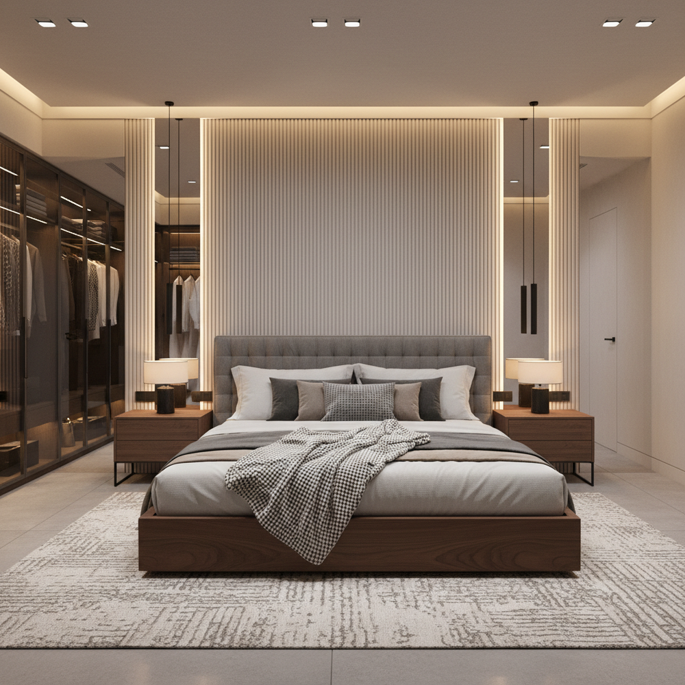 Modern Master Bedroom Design with King Bed, Fluted Panels and Neutral Tones