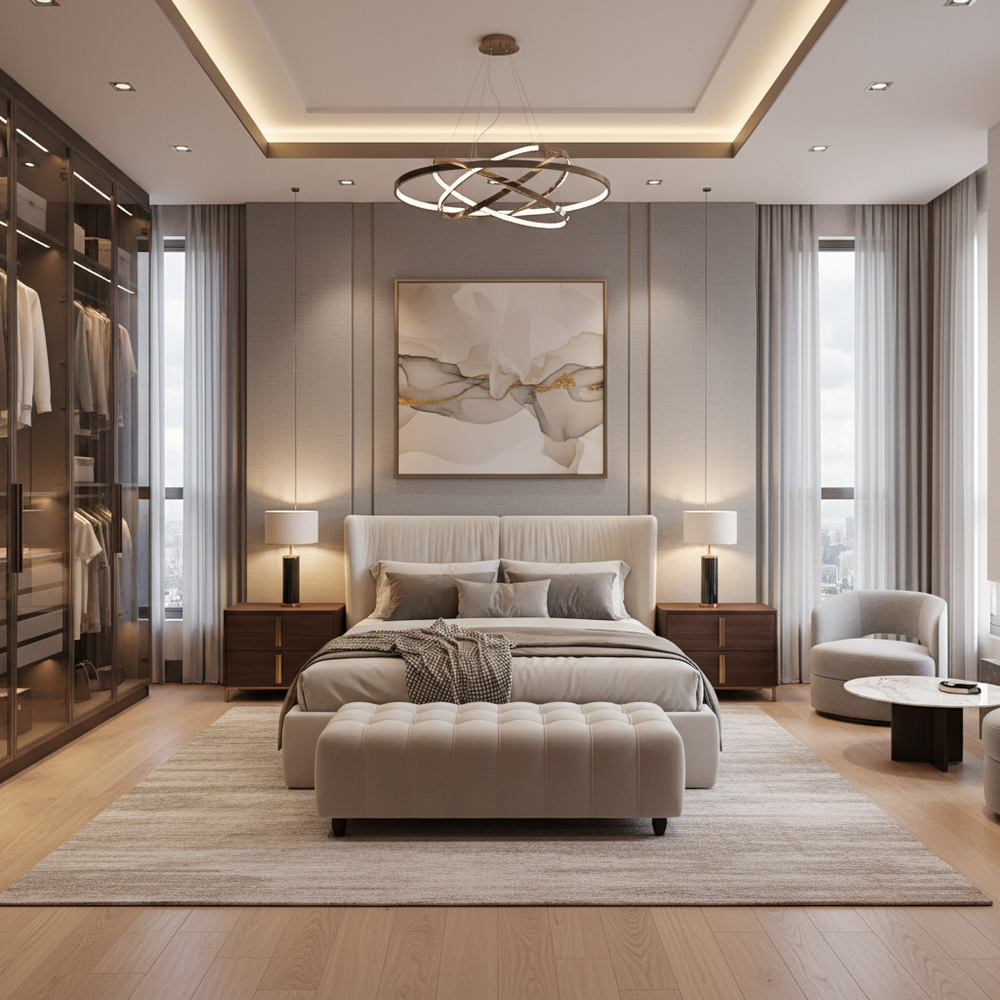 Modern Master Bedroom Design with King Bed Ottoman Artwork and Tray Ceiling