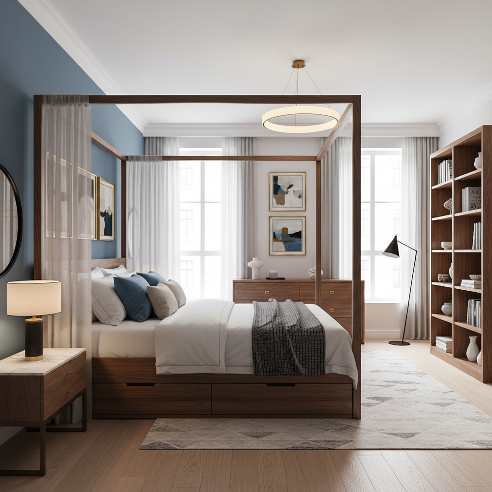 Modern Master Bedroom Design With King Size Canopy Bed and Storage Units