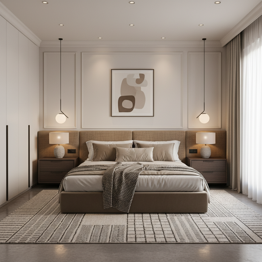 Modern Master Bedroom Design with King Size Upholstered Headboard Bed