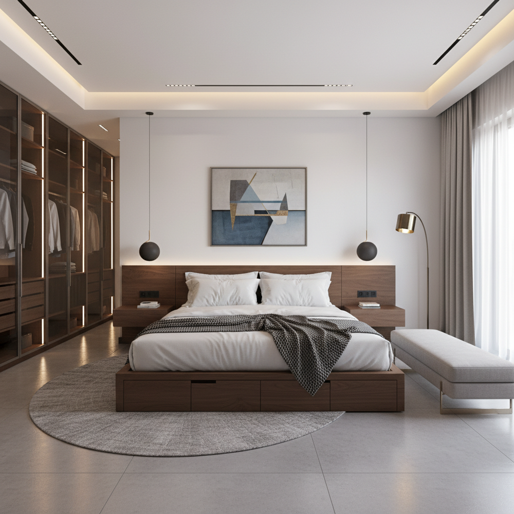 Modern Master Bedroom Design With King Storage Bed and Wardrobe