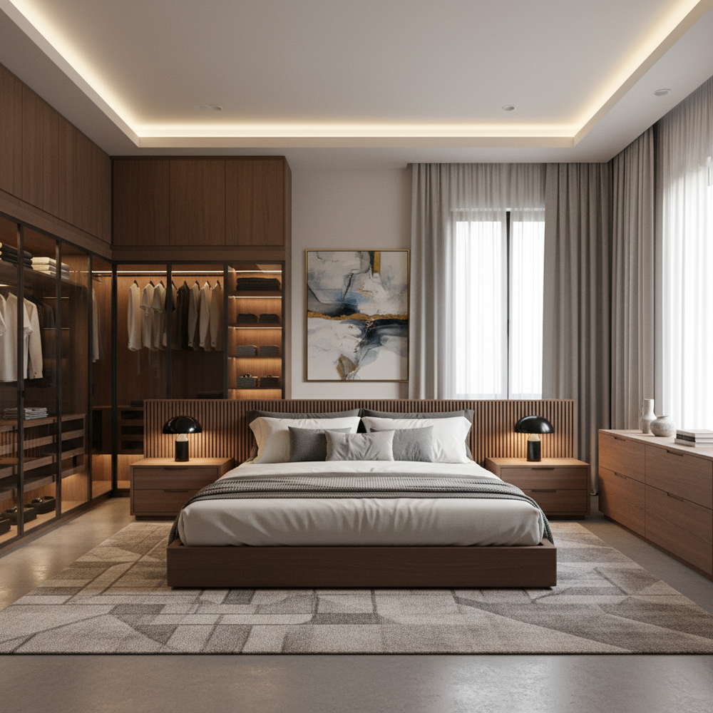 Modern Master Bedroom Design With L-Shaped Wardrobe