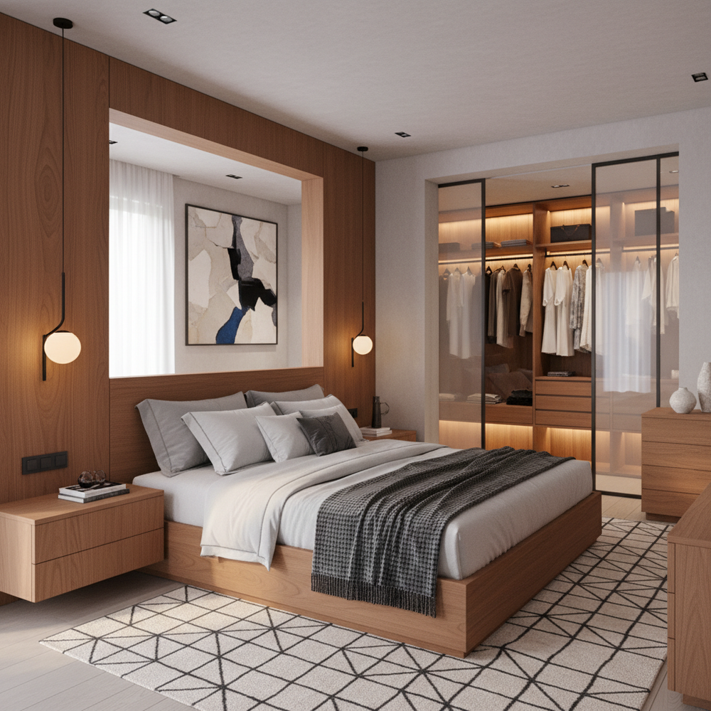 Modern Master Bedroom Design With Large L-Shaped Headboard