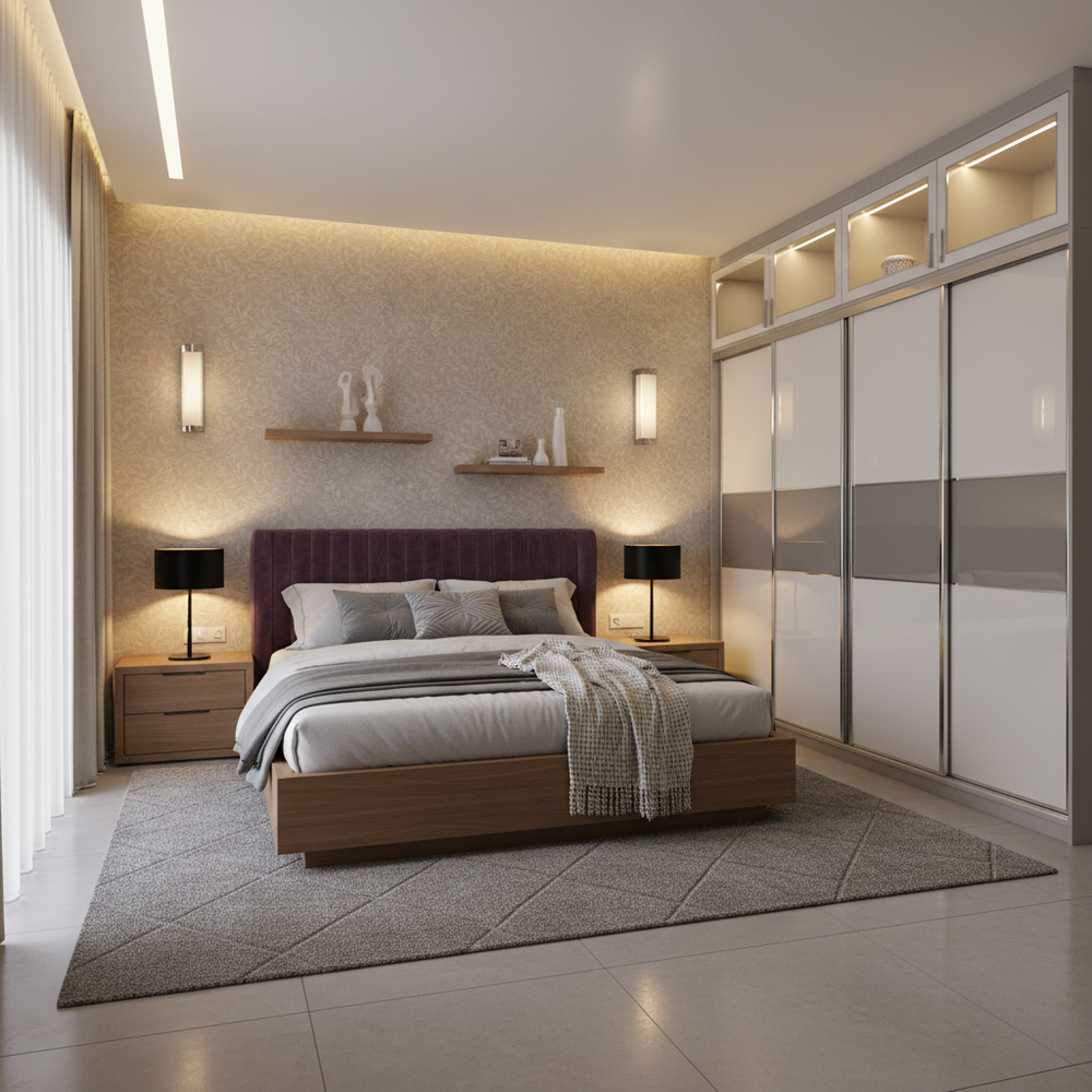 Modern Master Bedroom Design With Leaf-Patterned Wallpaper